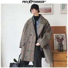 Privathinker мужская длинная Harajuku зимняя толстая верхняя одежда, мужские теплые куртки, мужские клетчатые пальто, шерстяная деловая куртка