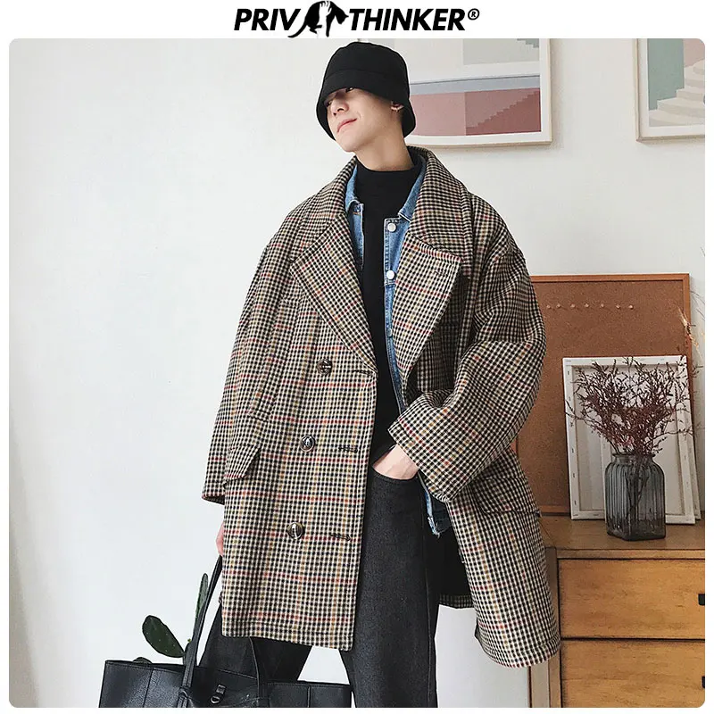 Privathinker Mens Long Harajuku Winter Thick Outwear Clothes Men Warm Jackets Blends male Plaid 2020 Coat Woolen Business Jacket | Мужская