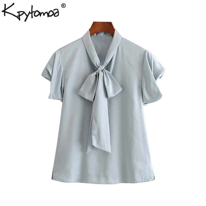 

Vintage Stylish Office Lady Soft Touch Tops Women Blouses 2019 Fashion Bow Tie Collar Short Sleeve Basic Shirts Chic Blusa Mujer