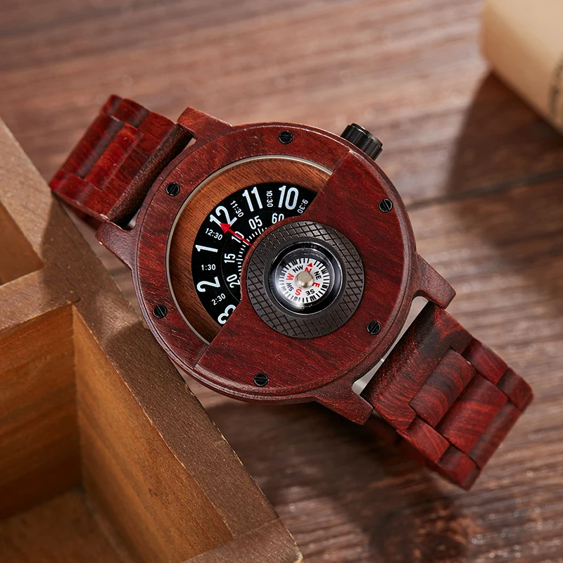 Wood Watch Unique Turntable Dial  Male Military Watches Compass Quartz Watch With Wooden Band Relogio De Madeira For Men /Woman