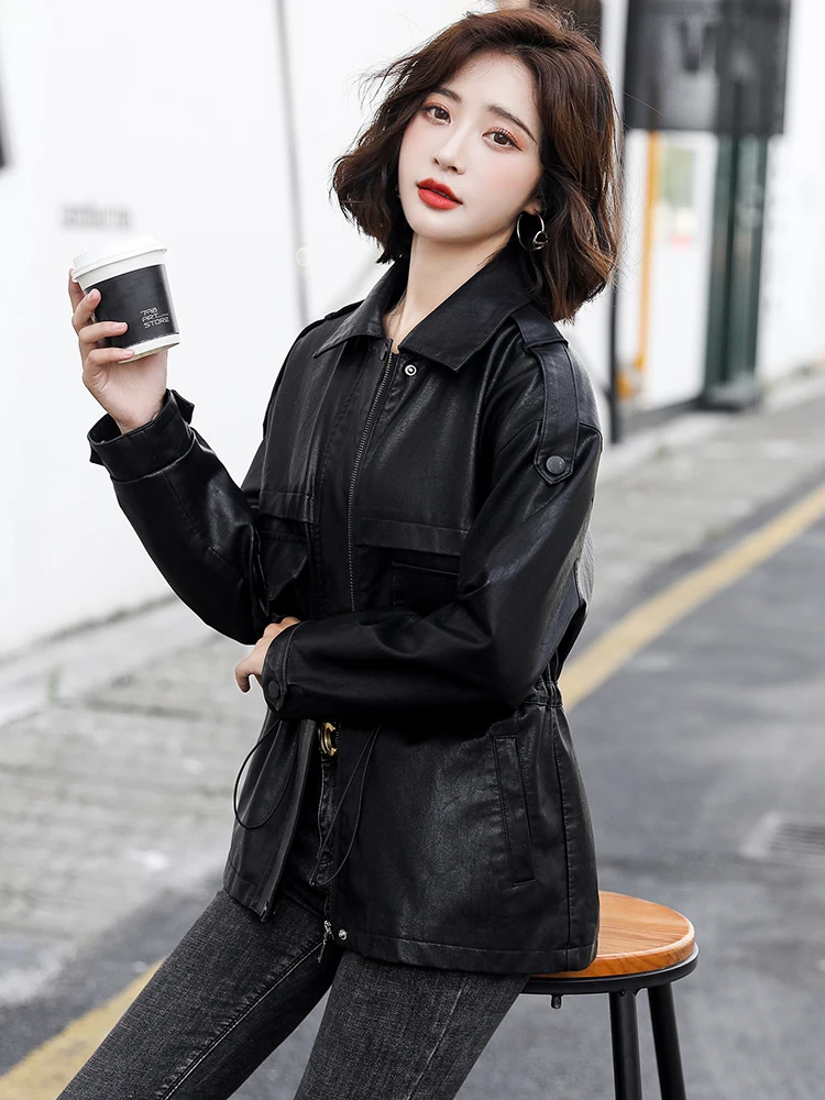 New Women Leather Jacket Spring Autumn 2024 Fashion Moto Biker Coat Drawstring Loose Sheep Leather Tops Sheepskin Trench Coat