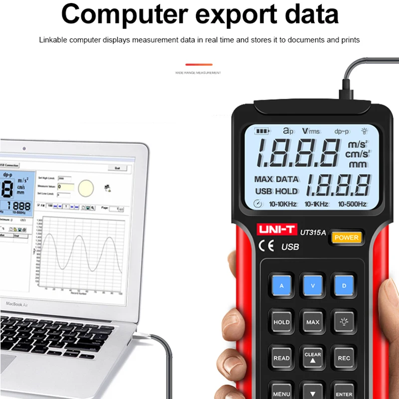 UNI-T UT315A Digital Vibration Testers Vibration Acceleration Velocity Displacement Measurement USB Connect PC Soft 5