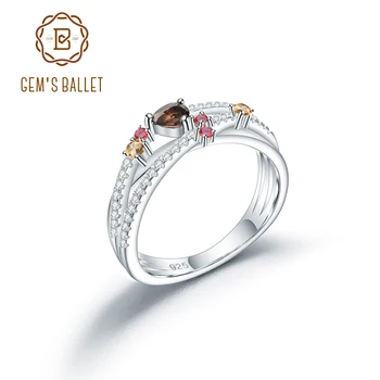 

GEM'S BALLET 925 Sterling Silver Birthstone Ring Mix Gemstone Natural Smoky Quartz Cross Rings For Women Fine Jewelry