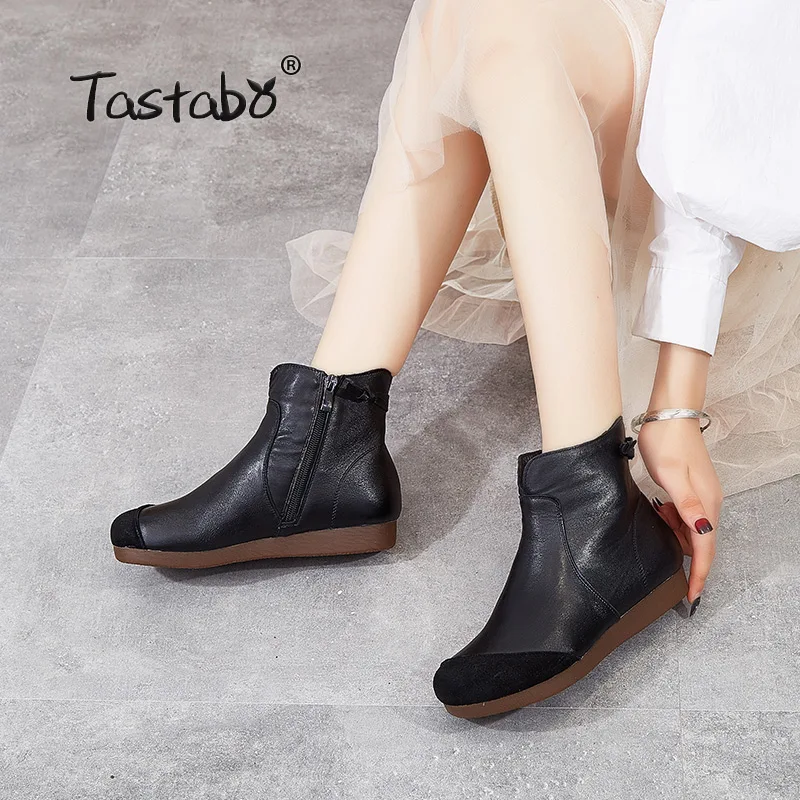 Tastabo 2019 autumn and winter ladies ankle boots Handmade vintage leather everyday shoes Brown Black S335 women's boots 35-40