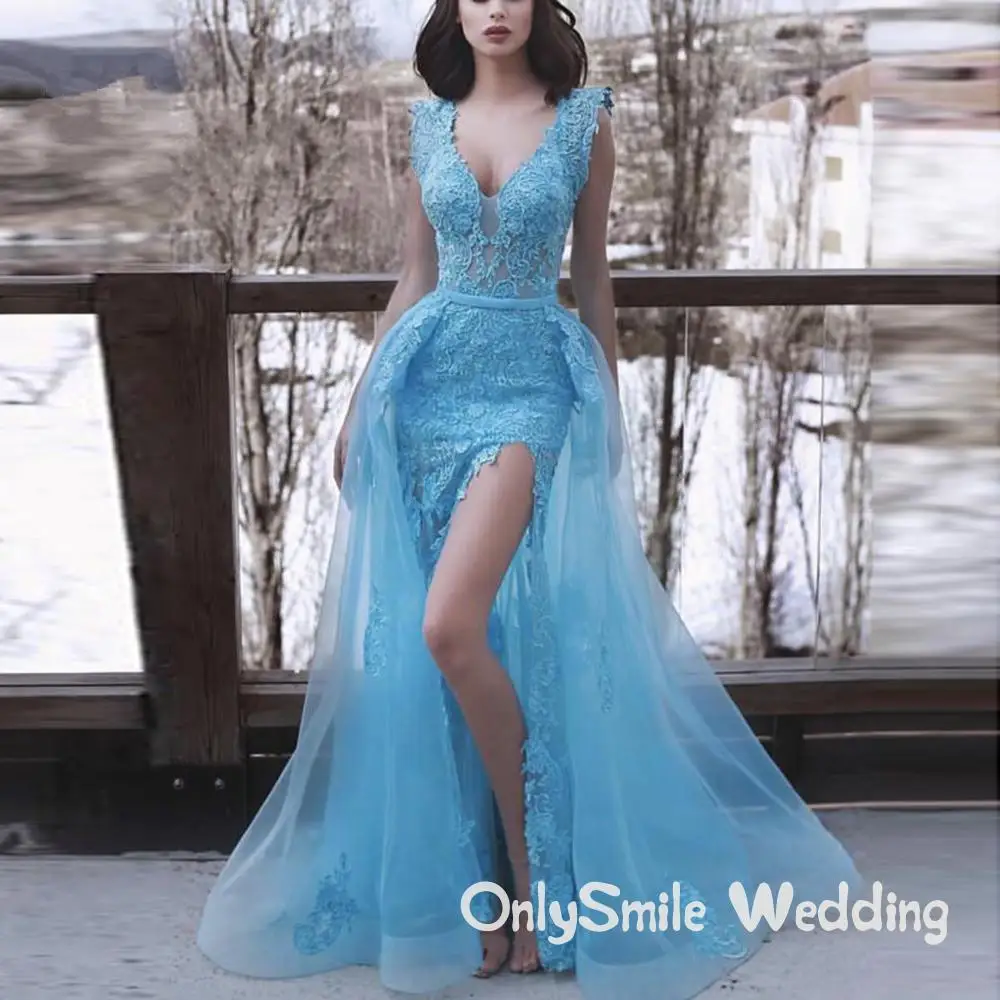 Синее платье для выпускного с подолом в виде русалочьего хвоста Vestidos De Festa с v-образным вырезом Illusion Sheer кружевное платье с разрезом Сексуальные Вечерние Длинное Выпускное Платье Vestido De Fiesta De gala