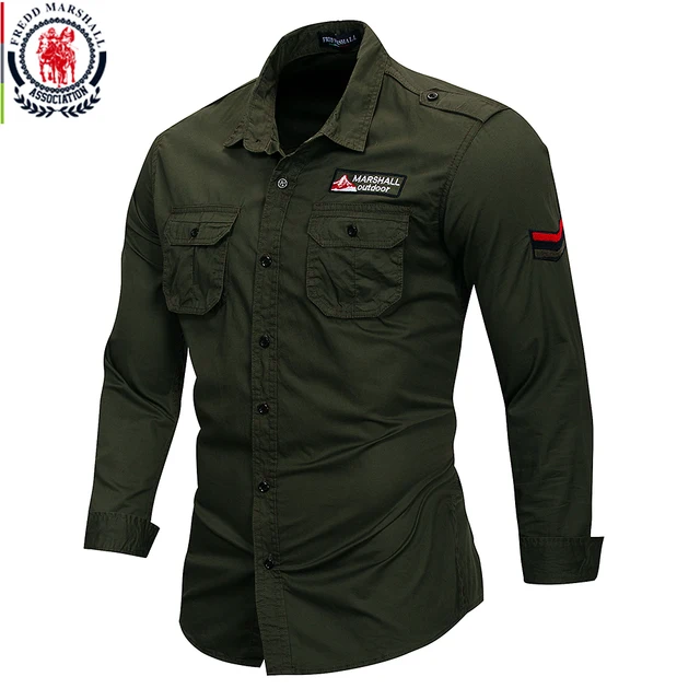 Fredd Marshall 2019 New 100% Cotton Military Shirt Men Long Sleeve Casual Dress Shirt Male Cargo Work Shirts With Embroidery 1