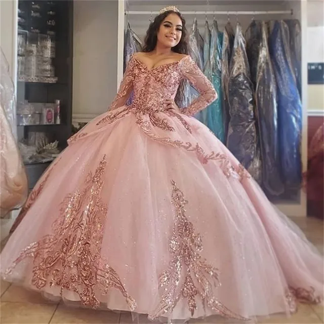 Rose Pink Quinceanera Dresses With Long 