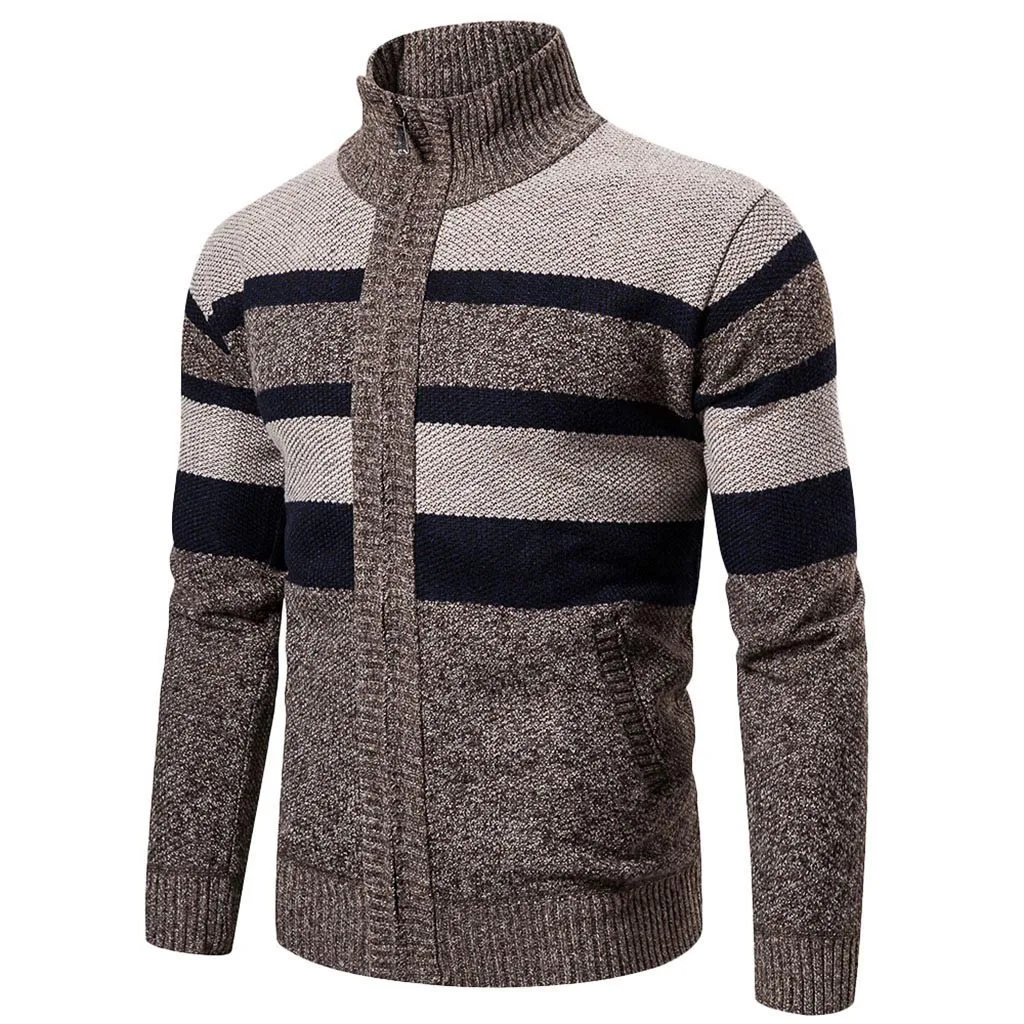 Коричневый Зимний свитер Smart casual, Мужская зимняя водолазка на молнии с длинным рукавом, вязаный свитер, верхняя одежда, пальто, pull homme, свитер - Цвет: Коричневый