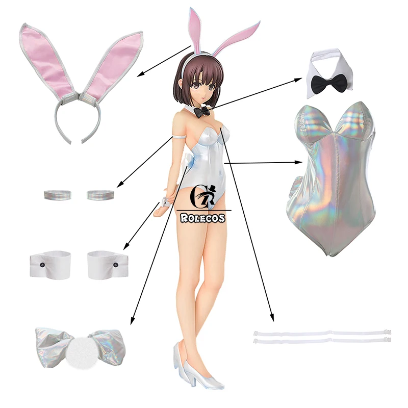 NSPSTT Bunny Girl Kostüm Frauen Halloween Jumpsuit Leder PU Megumi Kato Bunny Cosplay Bodysuit