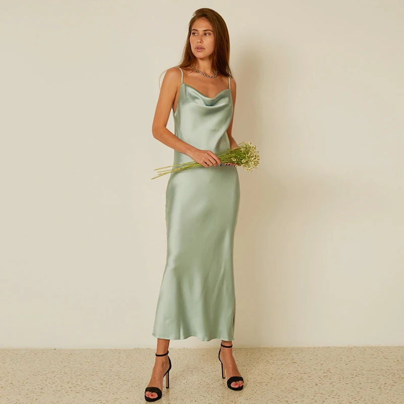 Women Satin Bodycon Dress Green Sexy 