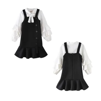 

black chiffon 2pc sets age for 4 - 16 yrs teenage girls back to school outfits autumn winter children clothes t-shirt+vest-dress
