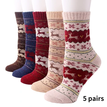 

5pairs Gift Thermal Printed Women Socks Vintage Daily Cold Weather Cozy Ladies Winter Warm Thick Knit Artificial Wool Elastic