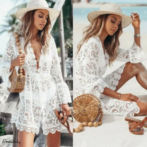 Hollow Crochet Bikini Cover Up White Lace Swimsuit Cover-Up V-Neck Floral Bathing Suit Beachwear Tunic Beach Dress 2021 Swimwear