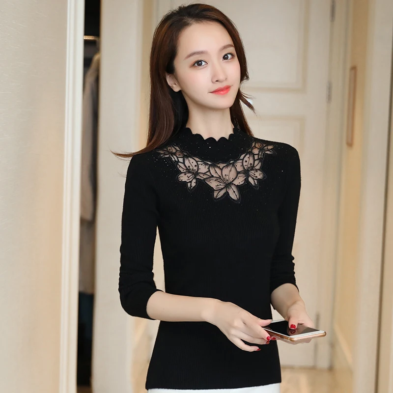 

2020 Sweaters Women Turtleneck Korean Red Autumn Winter Ropa Casual Mujer Long Sleeve Knitted Sweater Lace Splice Base Pullover