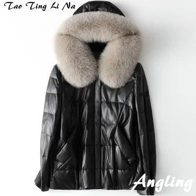 

2020 Women Fashion Fox Fur Collar Genuine Real Sheep Leather Coat H70