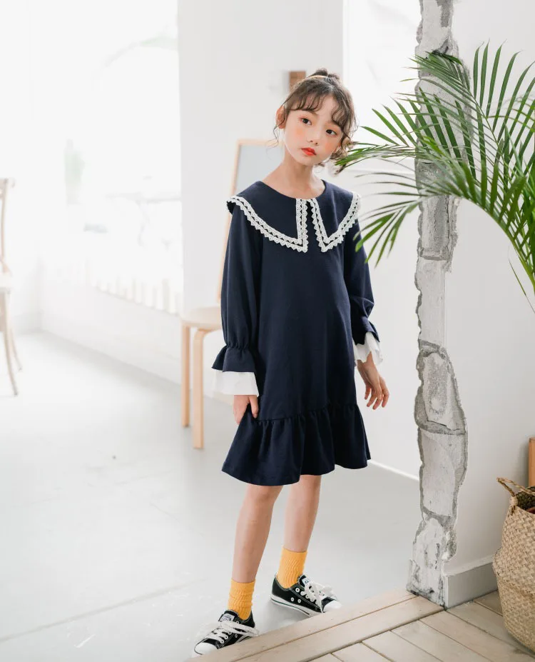 Back To School Clothing 100% Cotton Fall Dress For Girl Petal Sleeve Big Girl Kids Dresses Blue 2019 Autumn Child Dress Fashion (15)
