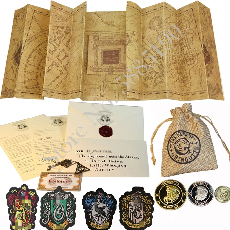 Mapa de la Escuela de Magia de Harry Potter, carta Express de aprobación, reliquias de la muerte, collar, monedas y Bolsa, 4 etiquetas