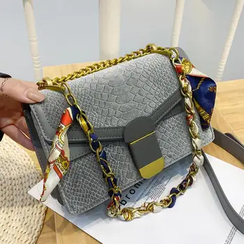 

Crocodile pattern Square Crossbody bag 2020 New High quality Velvet Women's Designer Handbag Ribbon Chain Shoulder Messenger Bag