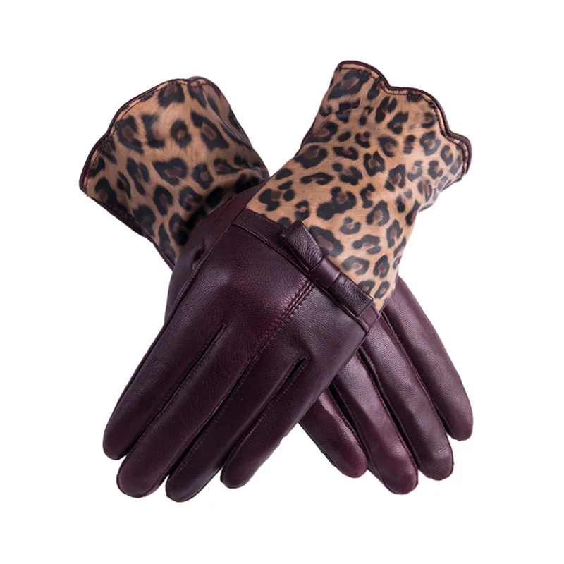 Натуральная кожа, леопардовые Лоскутные перчатки, зимние теплые перчатки для вождения, овчина, уплотненные велосипедные варежки, сенсорный экран, полный палец