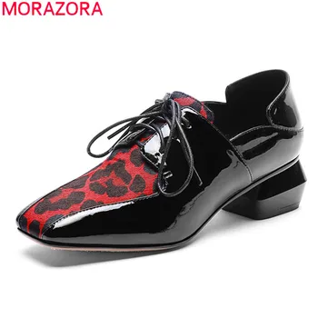 

MORAZORA 2020 new arrive fashion patent leather casual shoes med heels square toe lace up single shoes Leopard ladies shoes