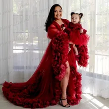 

Dark Red Puffy Sleeve Sheer Tulle Family Matching Clothe for Mother and Daughter Photo Femme Robe Maternity Dress robe de mariée