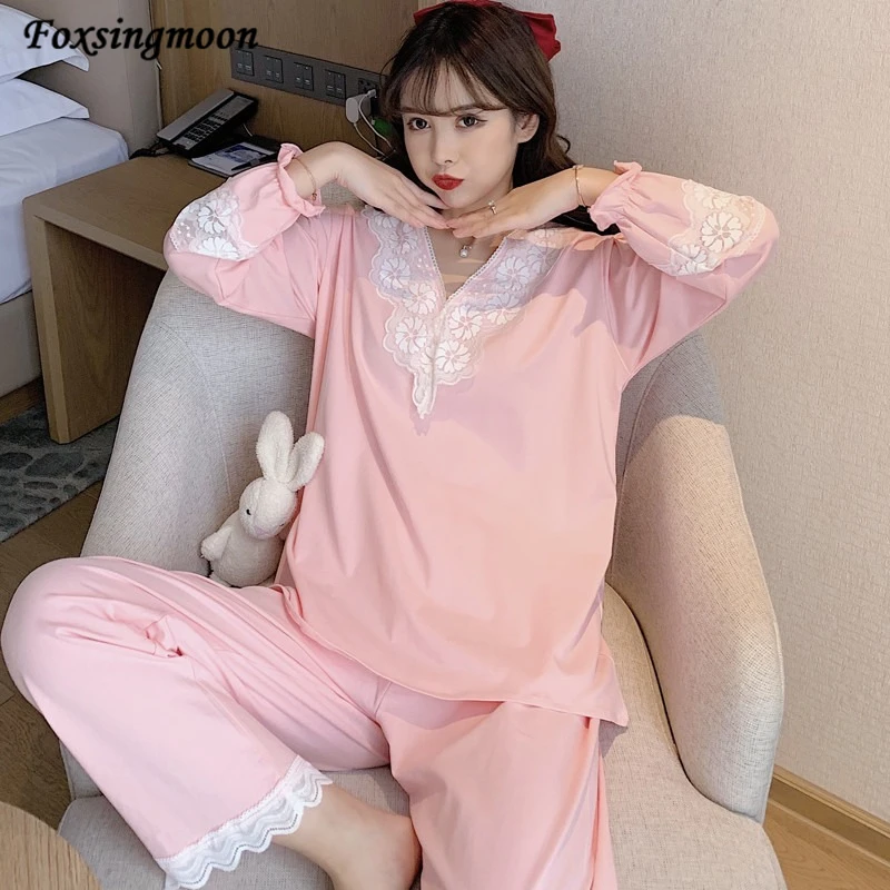 Женский кружевной Пижамный костюм милая весенне-осенняя одежда для сна с длинным