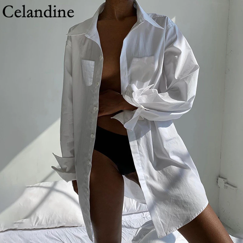 Oversized Shirt Blouse Women Elegant Tops Turn-Down-Collar Long-Sleeve Loose Black Korean