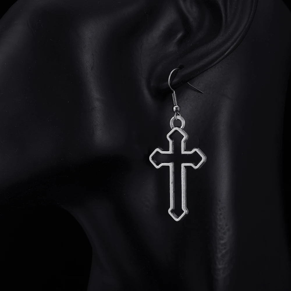 Trendy Vintage Cross Shape Dangle Antique Silver Plated Earrings for Women Girl Retro Drop Earrings Cute Earring Jewelry Bijoux