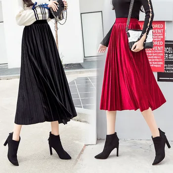 

Fashion Velvet Pleated Skirt Women High Waist Pleated Skirt Autumn Winter New Korean Mid-calf Solid Color Skirts With Lining Pop