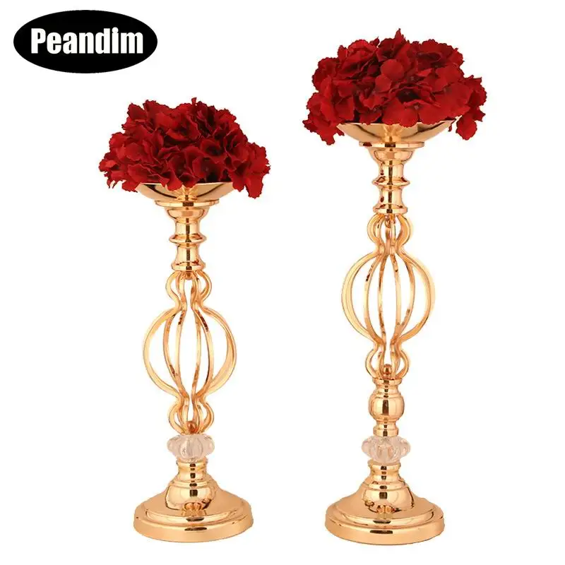 

PEANDIM Gold Metal Candle Holder Flower Vase Stands Wedding Road Lead Candelabra Table Centerpiece For Home Party Decoration
