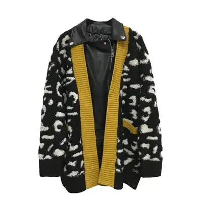 Black High Street PU Лоскутная трикотажная одежда для женщин искусственный 2 шт. толстый теплый свитер, куртка большого размера Свободный длинный стильный кардиган - Color: Black