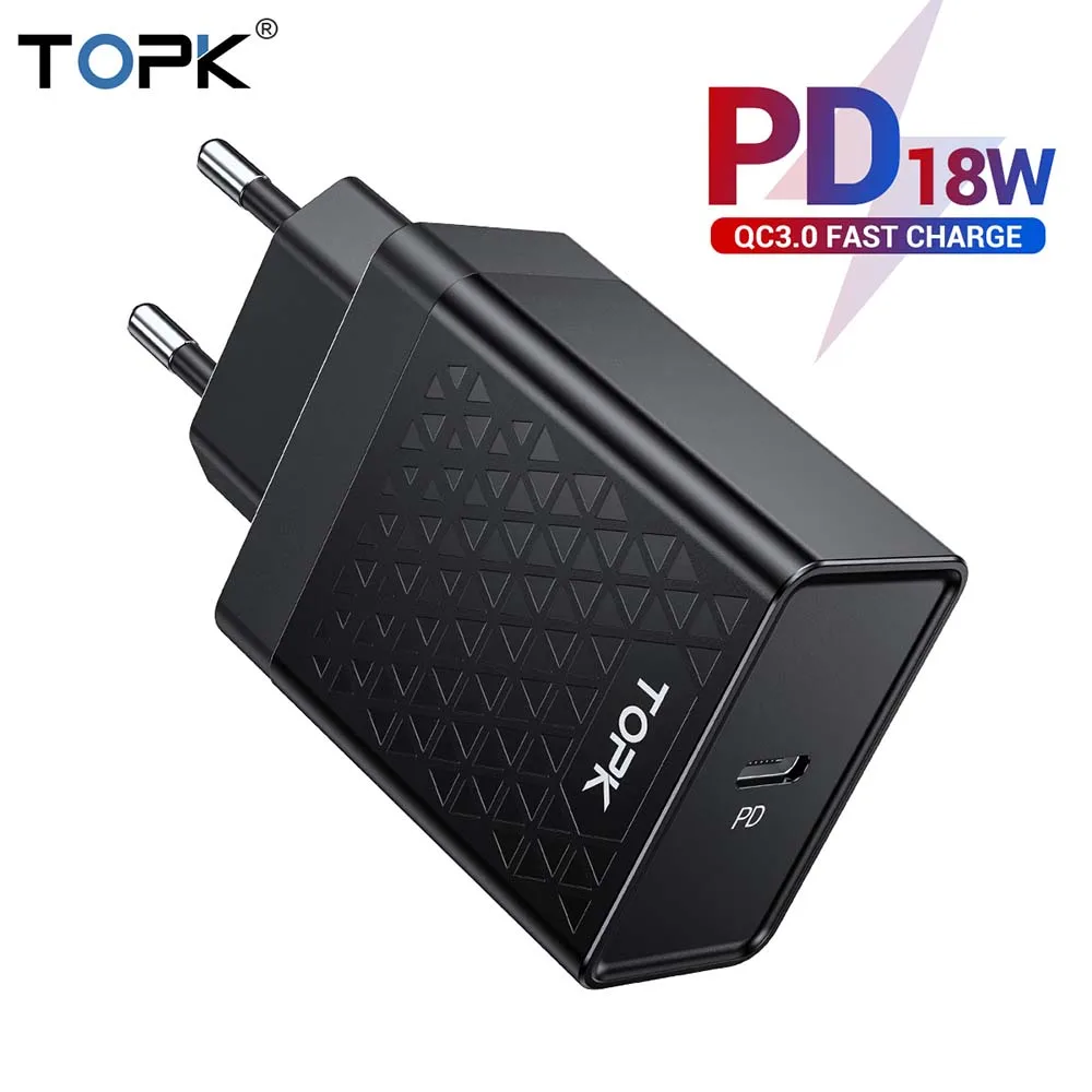 TOPK USB зарядное устройство 18 Вт PD Быстрая зарядка 3,0 USB C зарядное устройство для мобильного телефона для iPhone samsung Xiaomi Быстрая зарядка - Тип штекера: EU Black