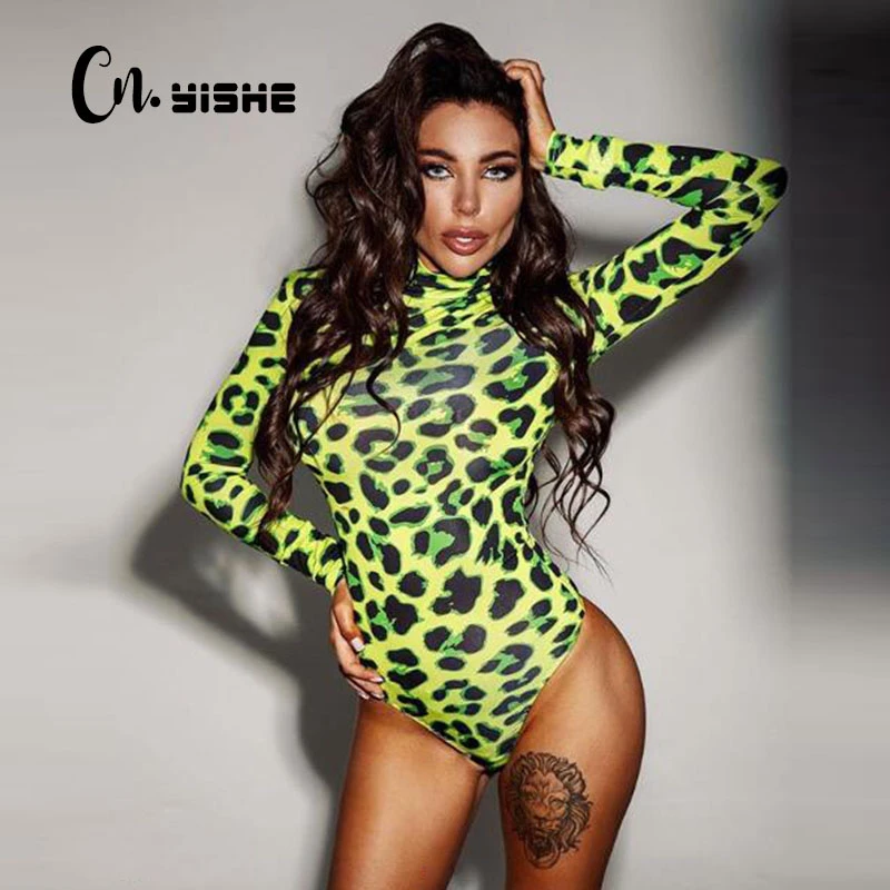 CNYISHE Women Long Sleeve Leopard Skin Prinetd Bodysuit Sexy Neon Green Streetwear Jumpsuit Skinny Leopard Tops Fashion Rompers corset bodysuit