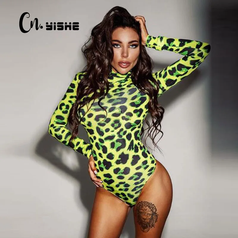 

CNYISHE Women Long Sleeve Leopard Skin Prinetd Bodysuit Sexy Neon Green Streetwear Jumpsuit Skinny Leotard Tops Fashion Rompers