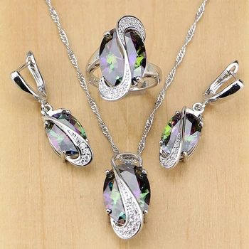 

Natural Mystic Rainbow Cubic Zirconia 925 Silver Jewelry Set for Women Wedding Earrings/Pendant/Necklace/Rings
