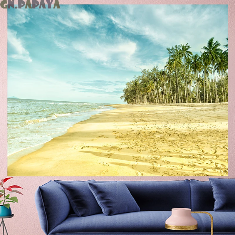 

Gold Beach tapestry Scenic Wall Hanging farmhouse decor Coconut tree blue sea goblen landscape boheme Polyester Yoga mat