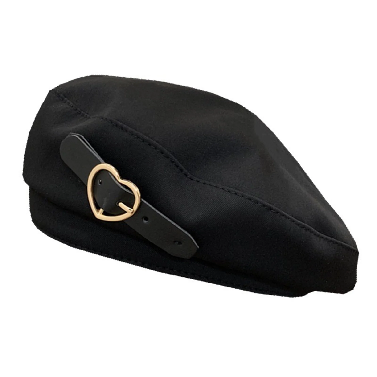 

2021 New Fashion Metal Love Heart Buckle Black Berets Female Big Head Cap Autumn Winter Warm Hat Personality Hats Hip Hop Hats