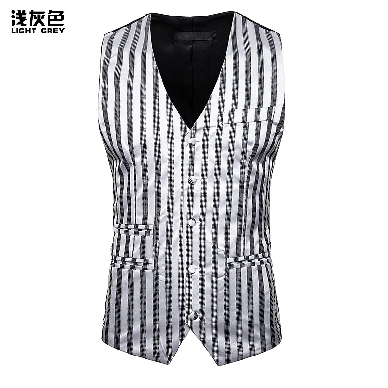 sliver Luxury Striped Suit Vest Men New Slim Single Breasted Mens Glitter Waistcoat Wedding Party Stage Club Gilet Chaleco Hombre - Цвет: sliver