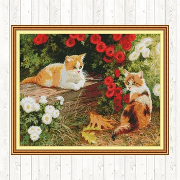 

Kitten In The Garden Handmade Cross Stitch Kits 14CT 11CT Counted Stamped DIY Needlework Crafts DMC Cotton Thread Printed Canvas
