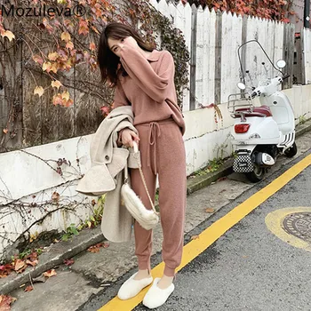 

Mozuleva Chic Velvet Sweater Pants 2 Pieces Set V-neck Pullovers & Pencil Pants Women Sweater Sets 2019 Winter Knitted Tracksuit