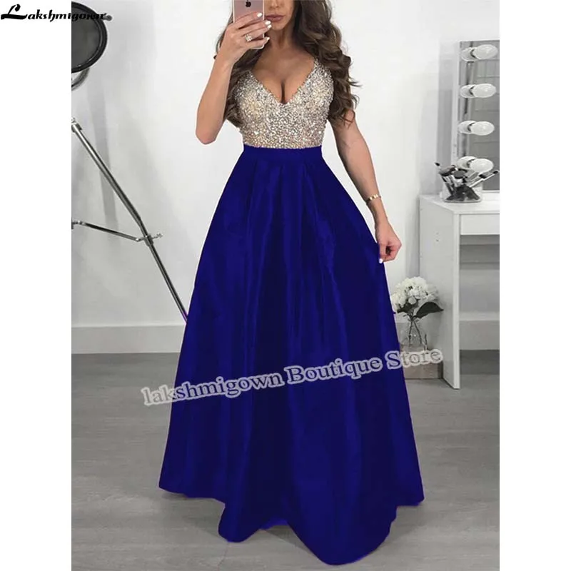 royal blue Роскошные бисерные бордовые атласные платья для выпускного вечера Длинные для женщин без рукавов с открытой спиной Вечерние платья длина до пола - Цвет: royal blue