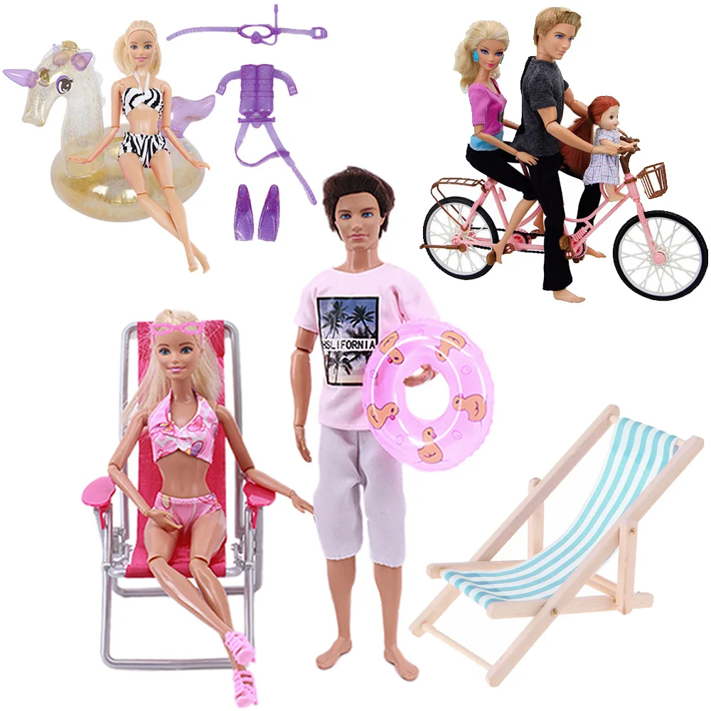 Scarpe Gratis Barbiees Vestiti Per Bambole Ken Outfit Sedia Da Spiaggia Bkini Costumi Da Bagno Bicicletta Nuoto Anello Snorkeling Dive Per Bambola Bar