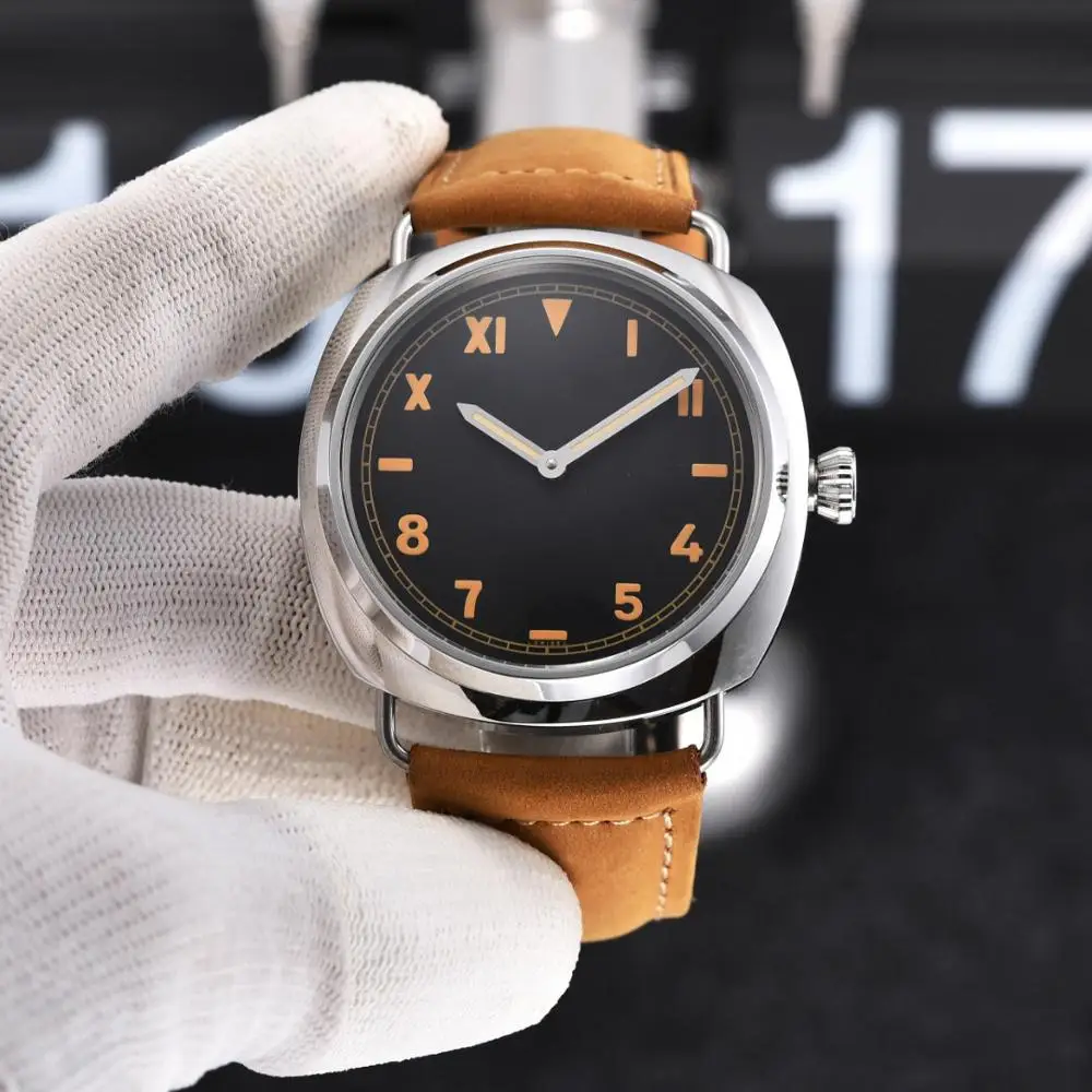 

ou ma shi men watch 47mm manual movement 6497 mechanical winding PVD coated leather Mineral strap glassAAA