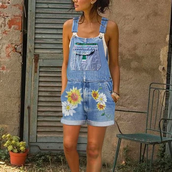 

2020 new Summer Denim Jumpsuits Women Short Daisy Print Short Overalls Floral Short Denim Bib Pants Pockets Rompers streetwear