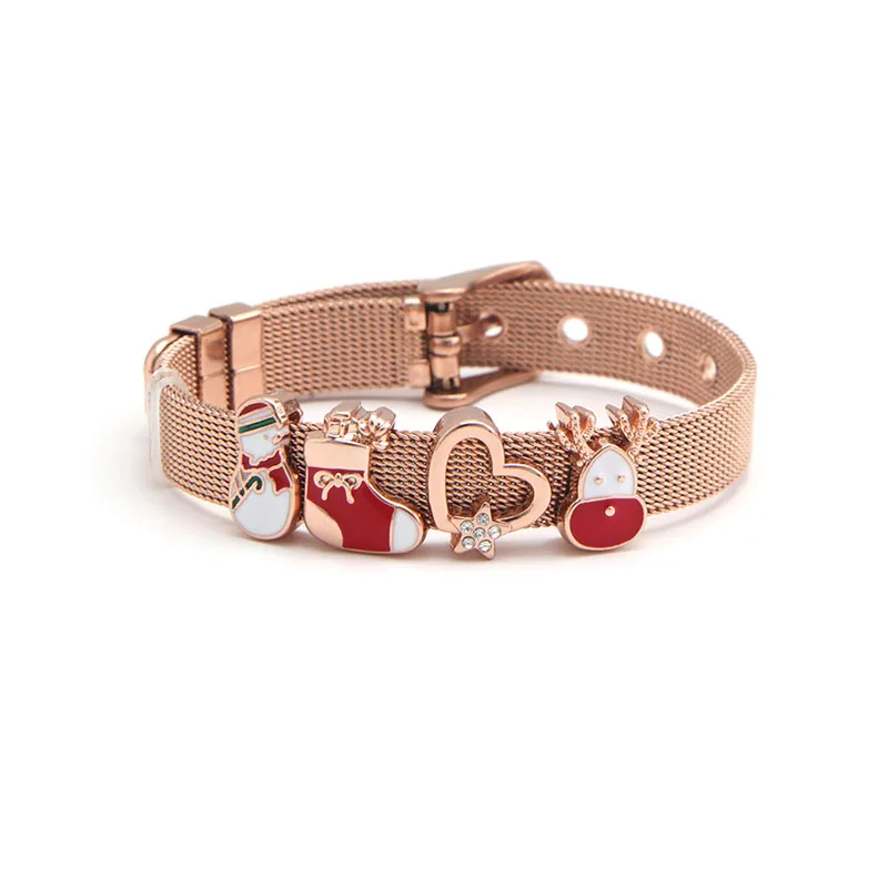 Somsoar Jewelry Xmas Slide Charm Bracelet Stainless Steel Rose Gold Mesh Bracelet Bangles as Christmas's Day Gift