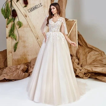 

Elegant Jewel A-line Lace Wedding Dress with Sleeves Sweep Train Boho Bridal Gown Robe de Mariee 2020