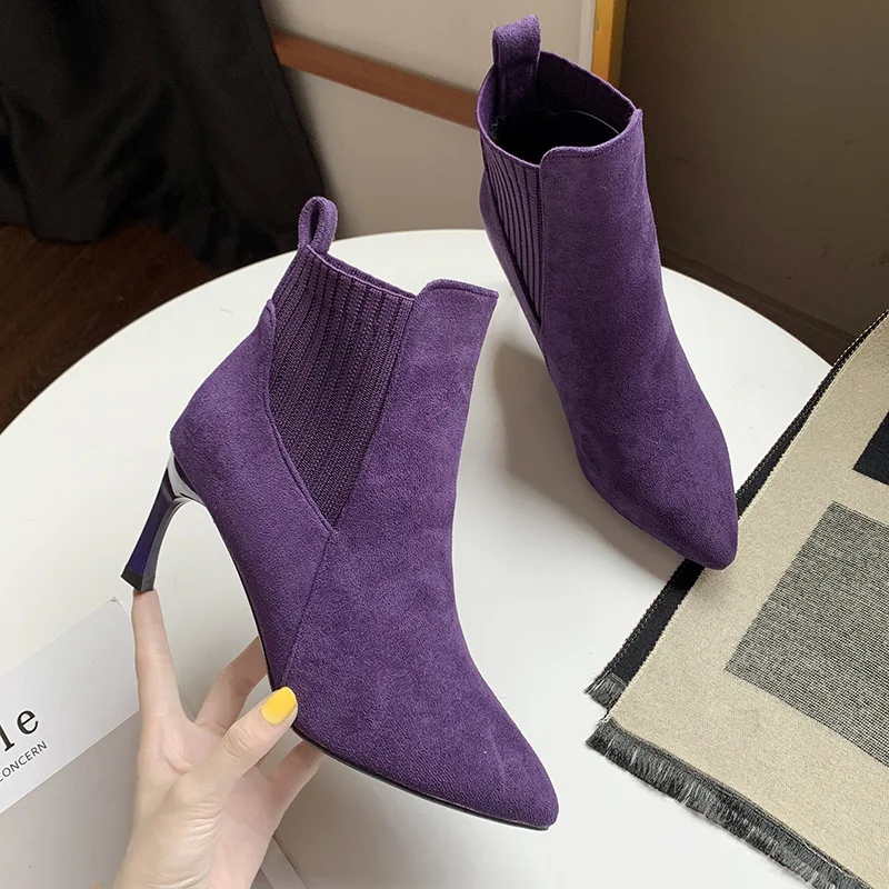 

Thin Heels ankle booties ladies pointed toe stretch botines sexy purple slip on stilettos women chelsea martin boots 2019 botas