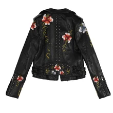 jaqueta feminina de couro falso, casaco com estampa floral bordado gola virada para baixo estilo motocicleta casual preto punk