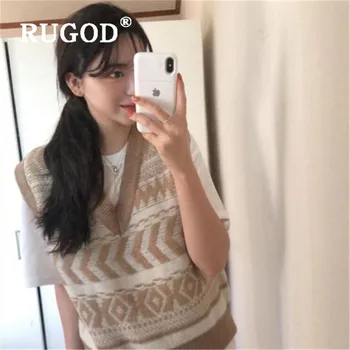

2019 New Korean Style Vintage Diomand Pattern V-neck Knitted Waistcoat Casual White Blouse Winter Tops For Women