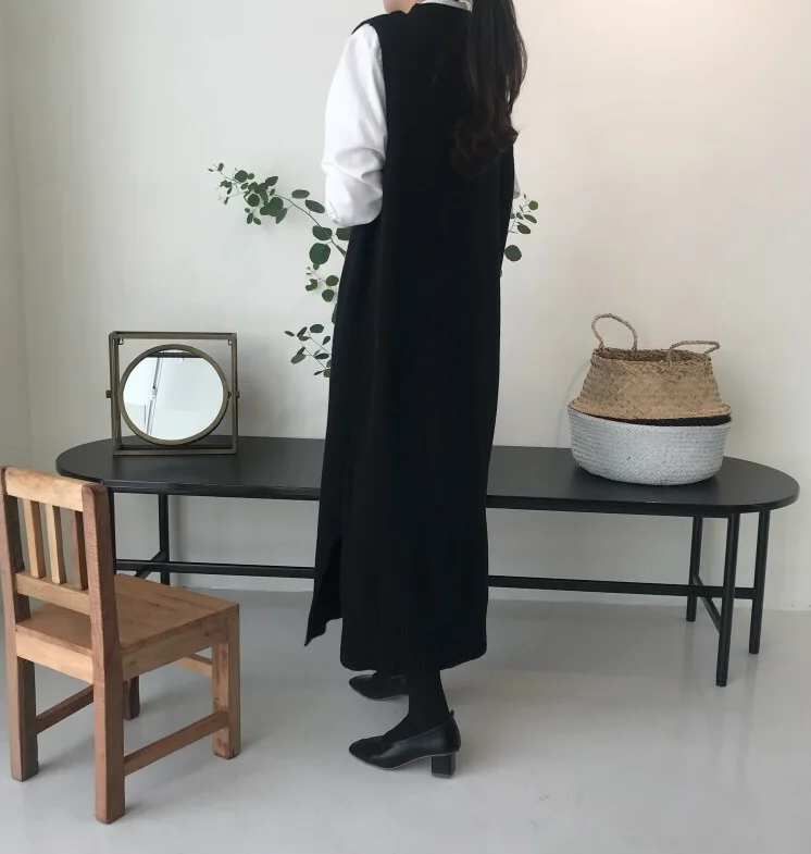 side split Warm Women Autumn Winter Long Sweater Knitted Sundress Loose o neck Sleeveless long vest Dresses Robe Femme Vestido
